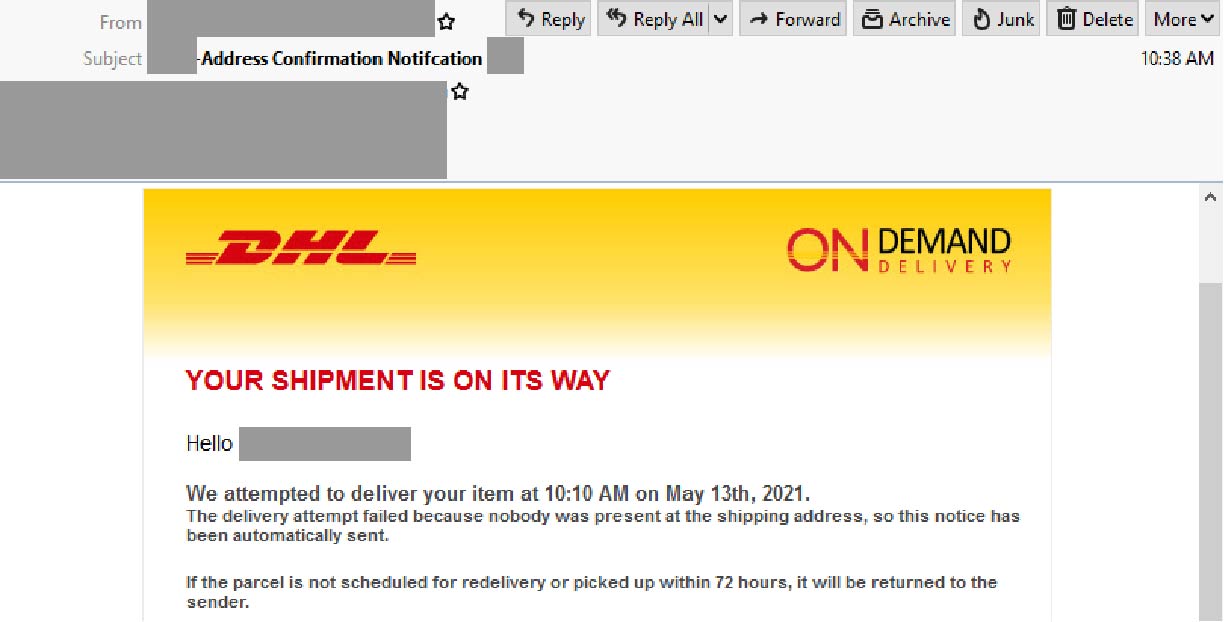 Scam Alert Phishing Email Impersonating DHL Informs Users Of A Failed 